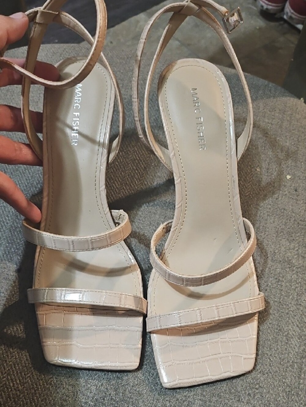 Marc Fisher Nude Croc-Embossed Strappy Square-Toe Sandals